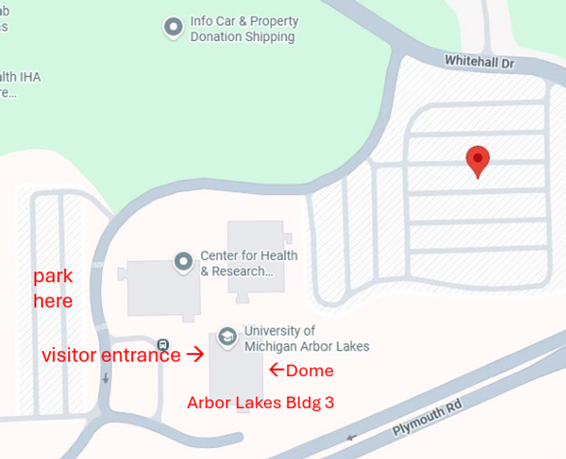 A map of the Arbor Lakes facility from an aerial view that shows the Dome in Building 3 off Plymouth Road with Parking along the East entrance.