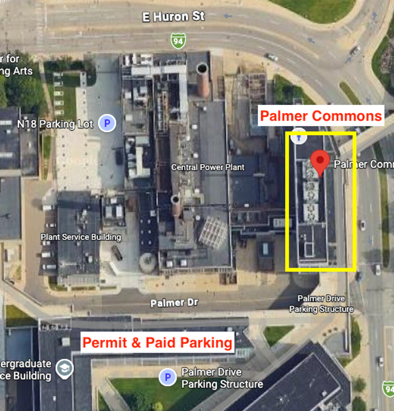 A map of the Palmer Commons facility from an aerial view that shows Palmer Commons off Washtenaw Avenue with Parking in Palmer Commons Structure South of the building entrance.